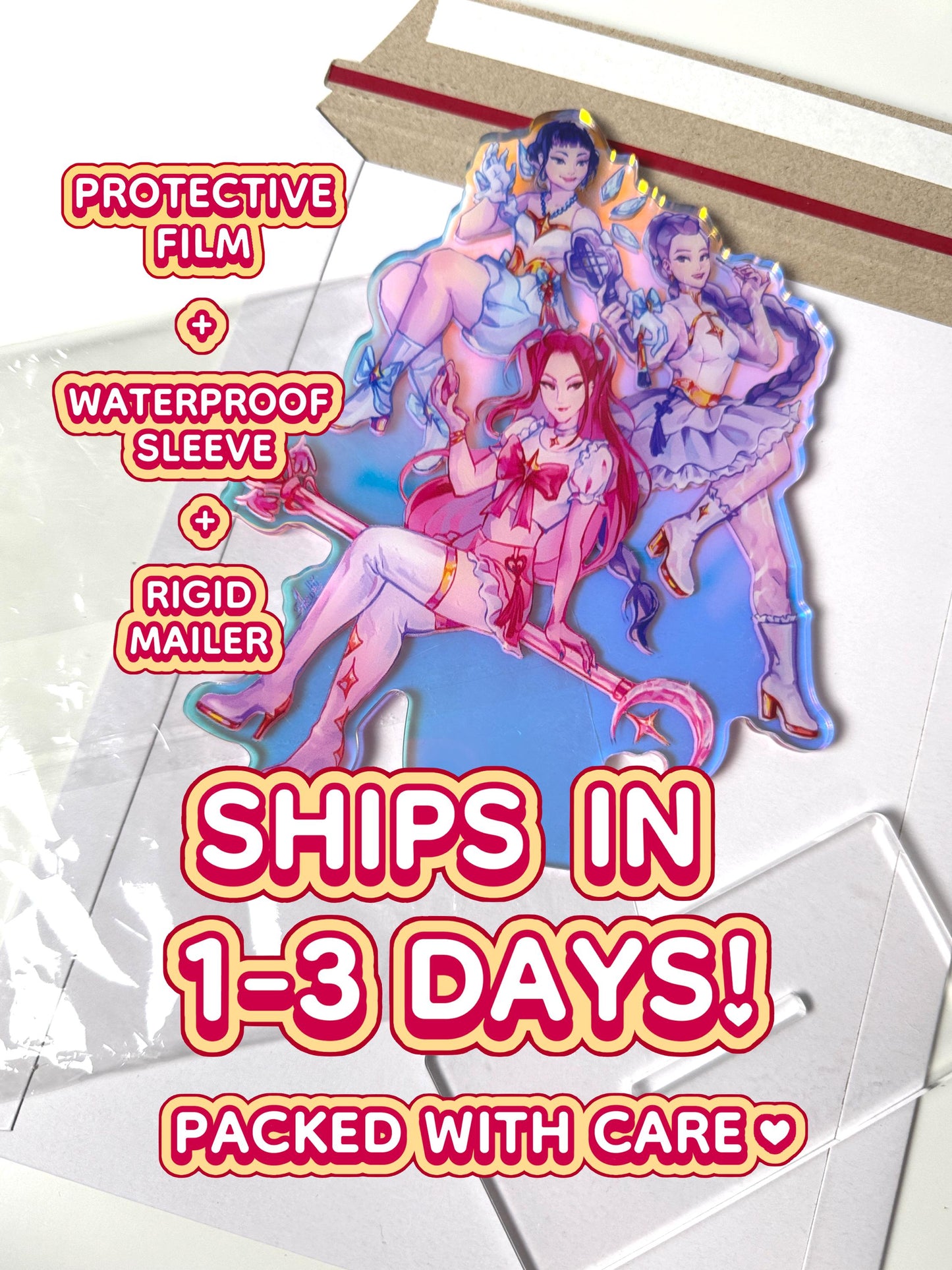The Huntrix standee ships in a protective film, waterproof sleeve, and rigid mailer within 1 to 3 days.