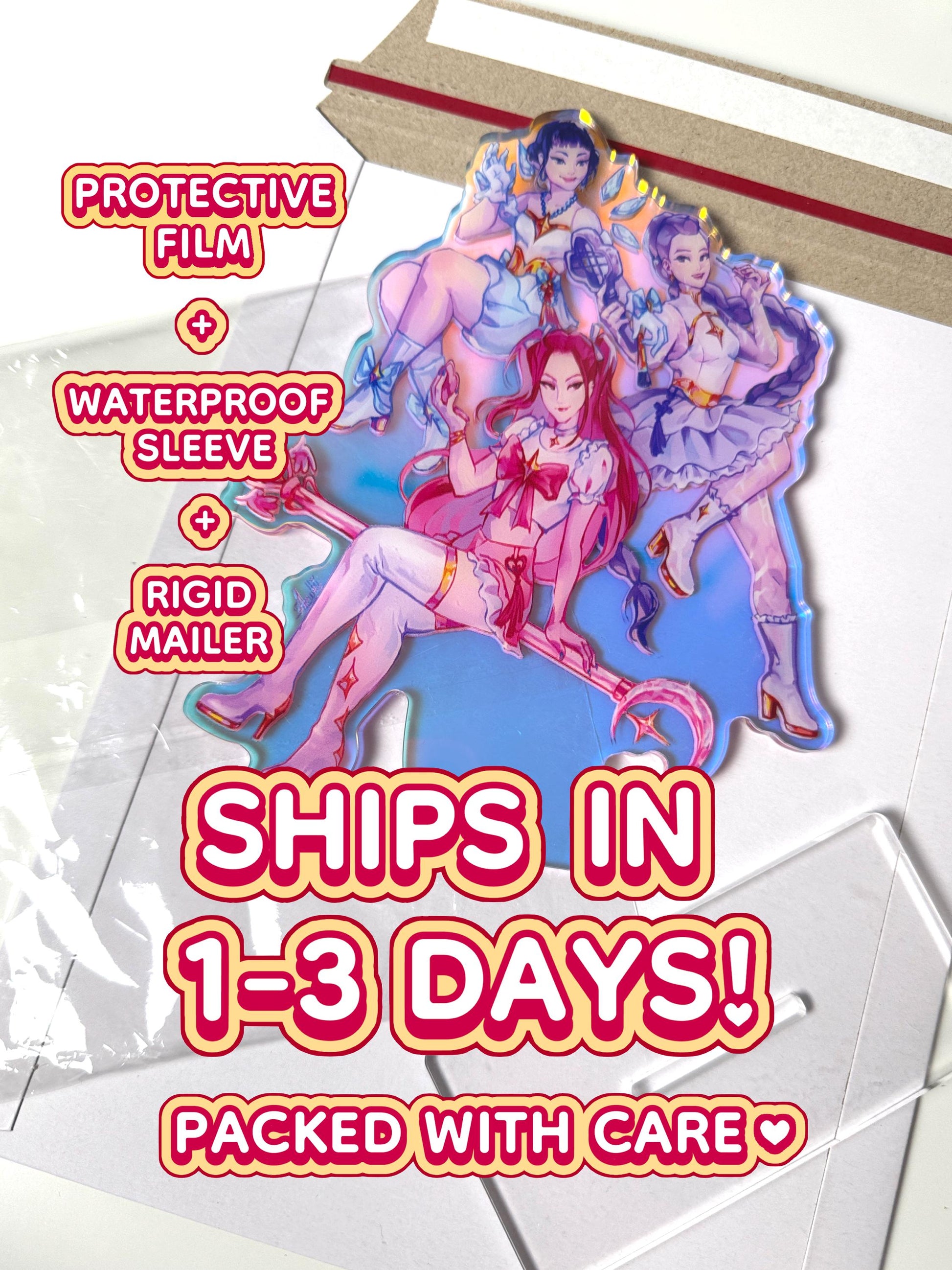 The Huntrix standee ships in a protective film, waterproof sleeve, and rigid mailer within 1 to 3 days.
