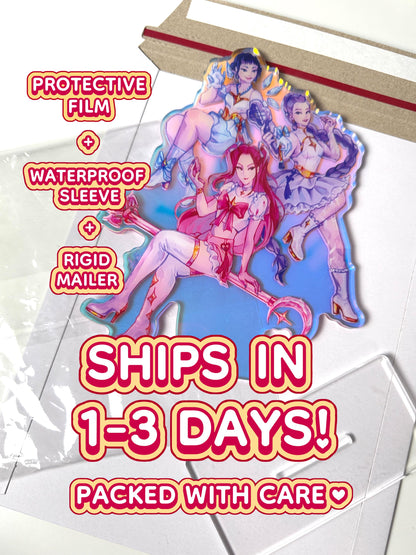 The Huntrix standee ships in a protective film, waterproof sleeve, and rigid mailer within 1 to 3 days.