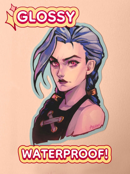 The Jinx sticker is glossy and waterproof.