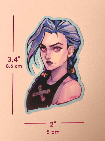 The Jinx sticker measures 3.4 inches tall and 2 inches wide