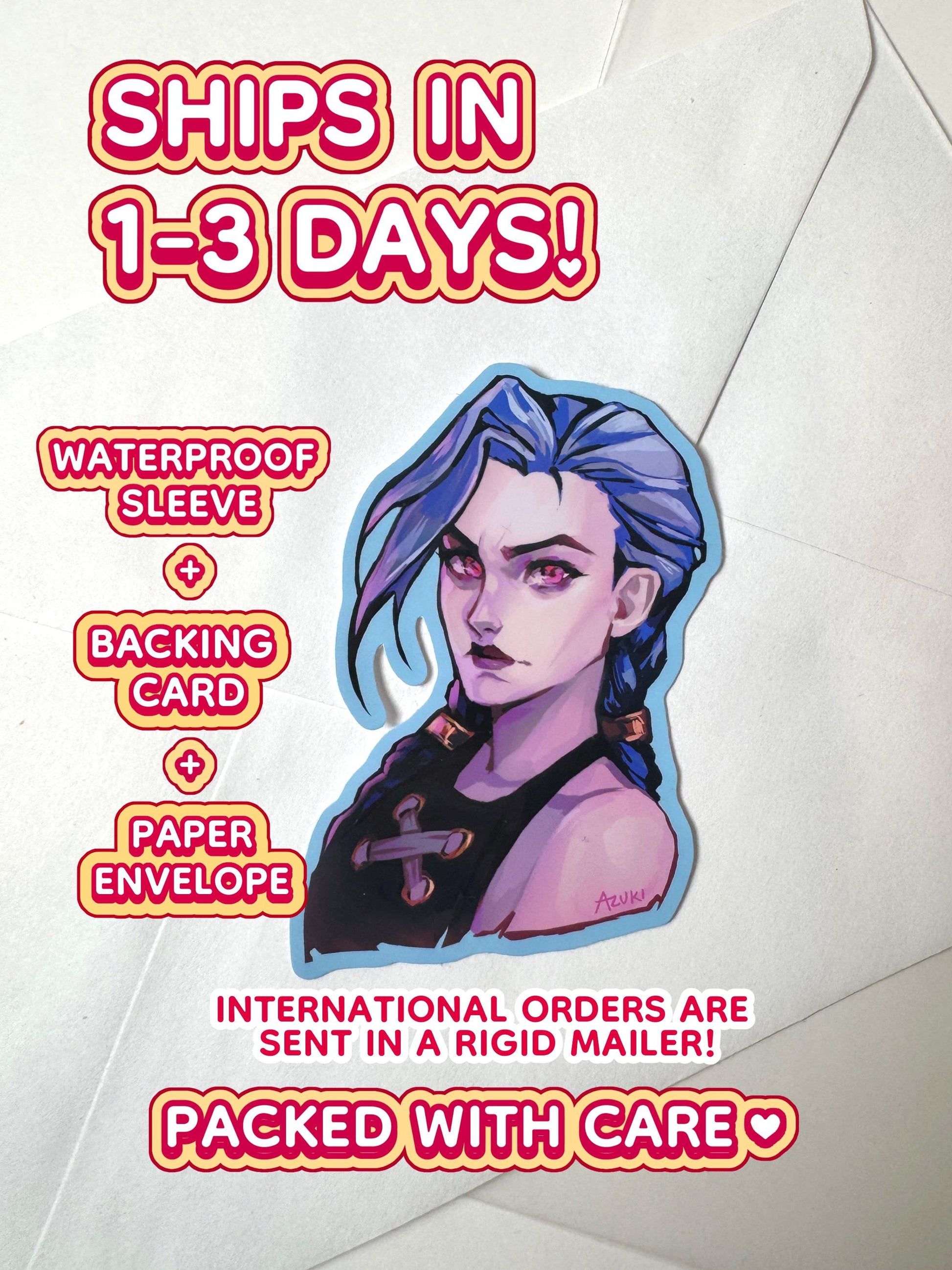 The Jinx sticker ships in 1 to 3 days in a waterproof sleeve, backing card, and paper envelope.
