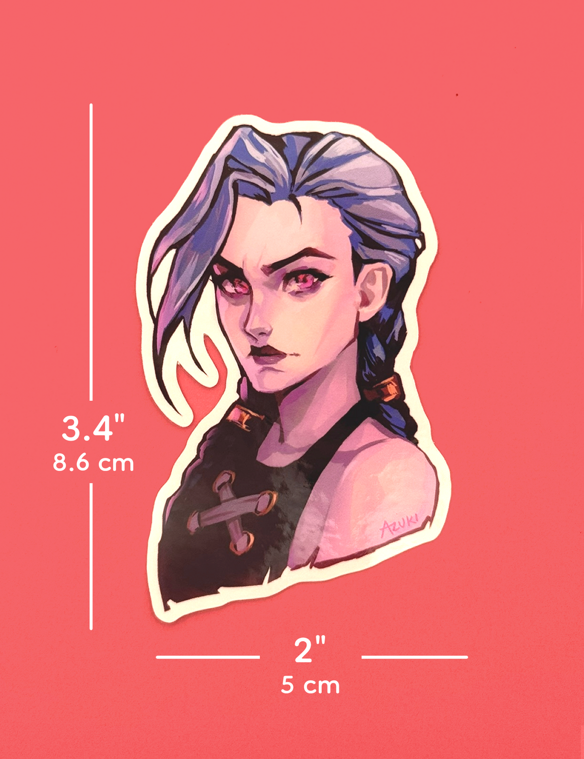 The Jinx sticker measures 3.4 inches tall and 2 inches wide.