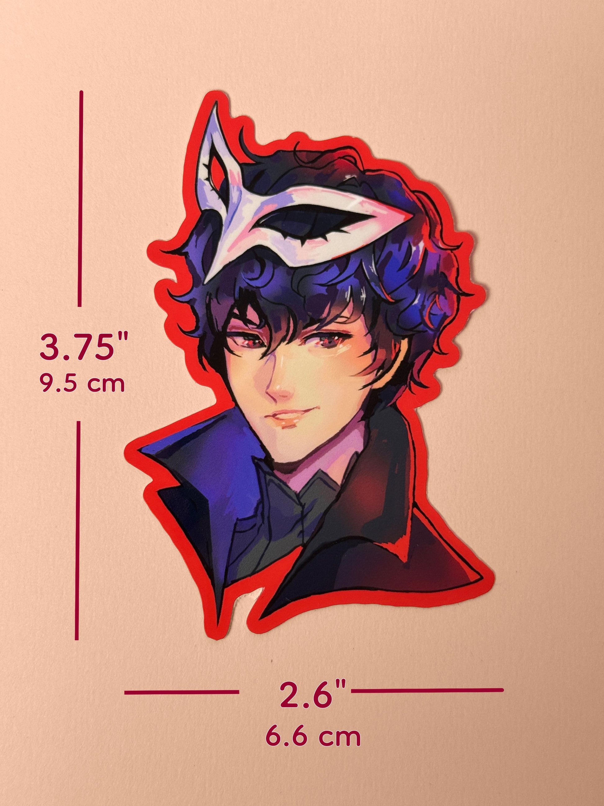 Measurements of the Joker sticker. 3.75 inches tall and 2.6 inches wide