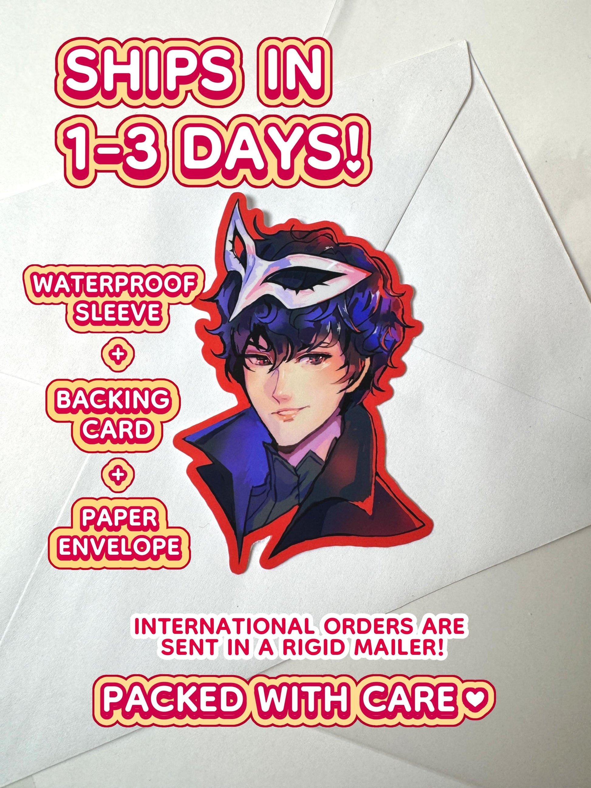 Outlining that sticker is shipped 1 to 3 days in a waterproof sleeve, backing card, and paper envelope. 