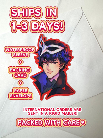 Outlining that sticker is shipped 1 to 3 days in a waterproof sleeve, backing card, and paper envelope. 