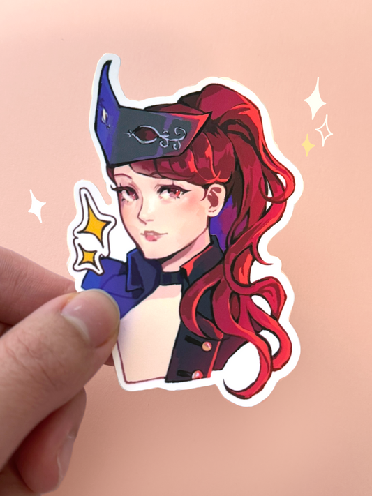 Die-cut vinyl sticker of Kasumi Yoshizawa from Persona 5 Royal, wearing her dark Phantom Thief mask and high collar with long red hair tied back, holding a star sparkle near her face, held between fingers against a peach background.