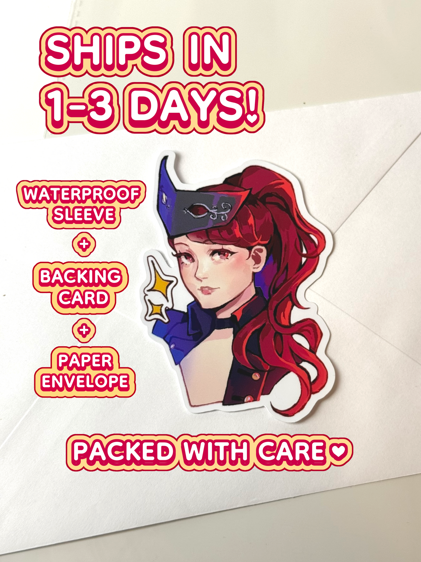 The Kasumi Yoshizawa sticker ships in 1 to 3 days in a waterproof sleeve, backing card, and paper nevelope.