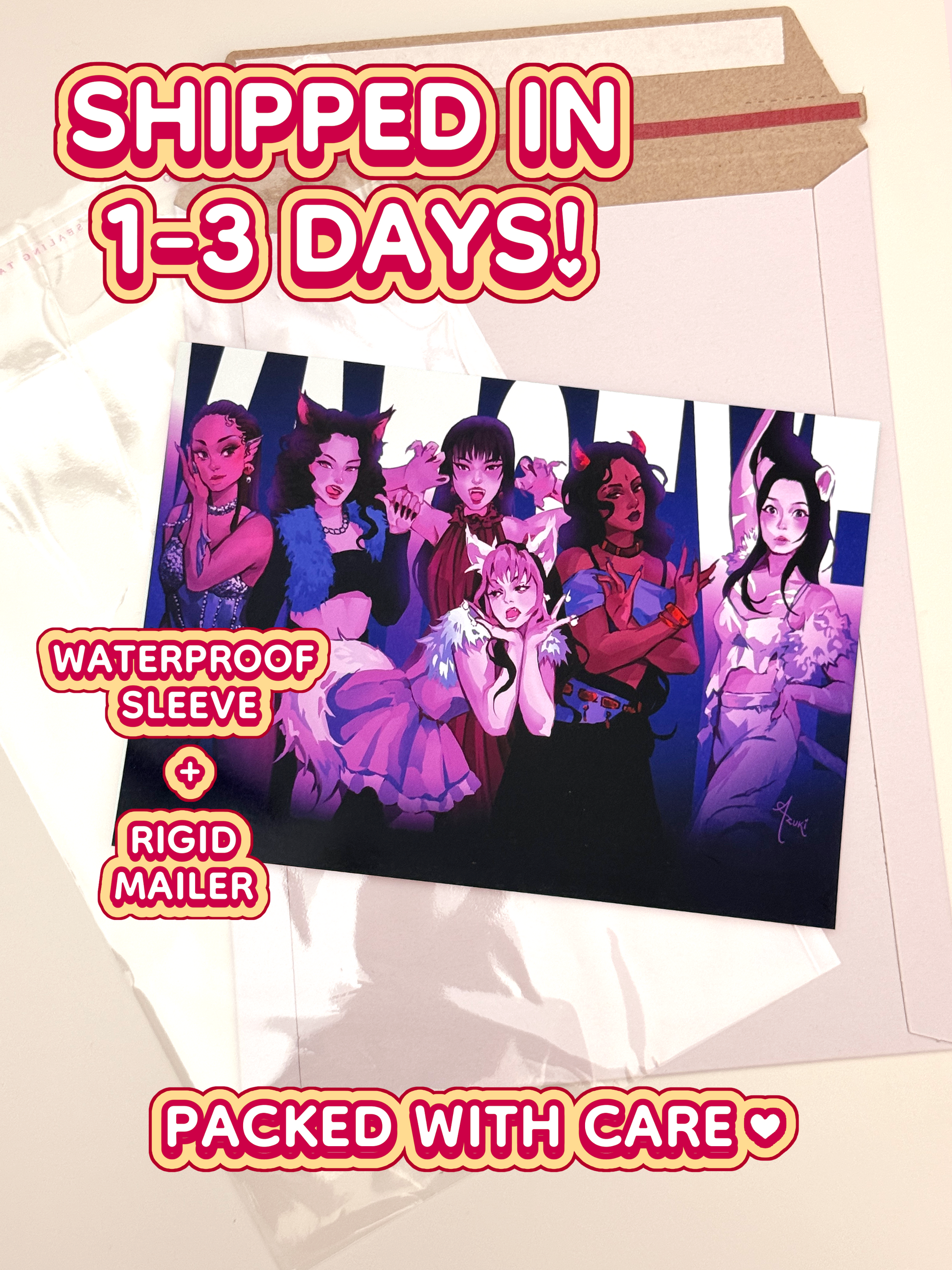The Katseye print ships in 1 to 3 days in a waterproof sleeve and rigid mailer.