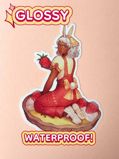 The lemon raspberry tart bunny girl sticker is glossy and waterproof.