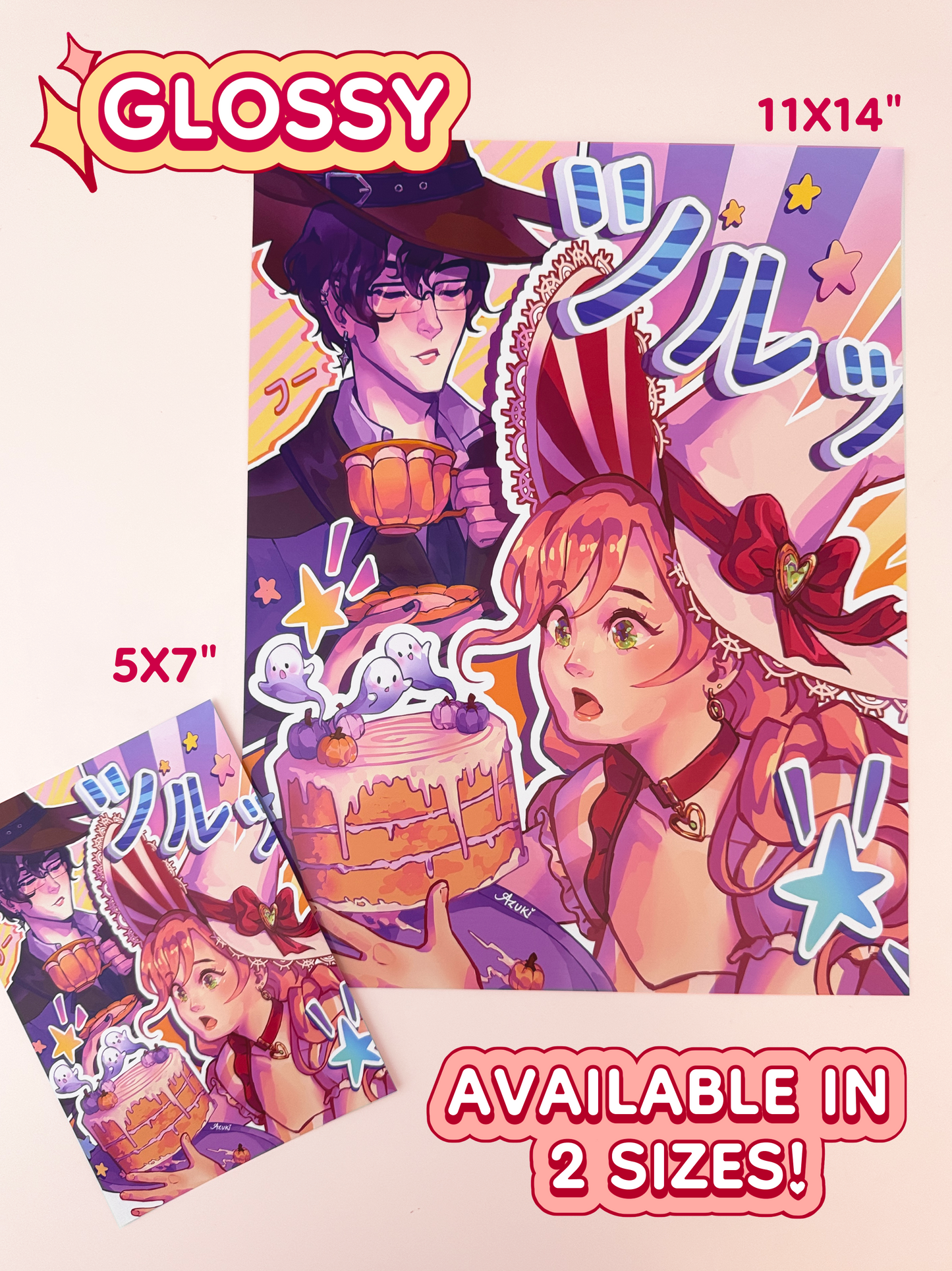 The Lili and Caelum print is available in 11 inches by 14 inches, and 5 inches by 7 inches. The print is on glossy paper.
