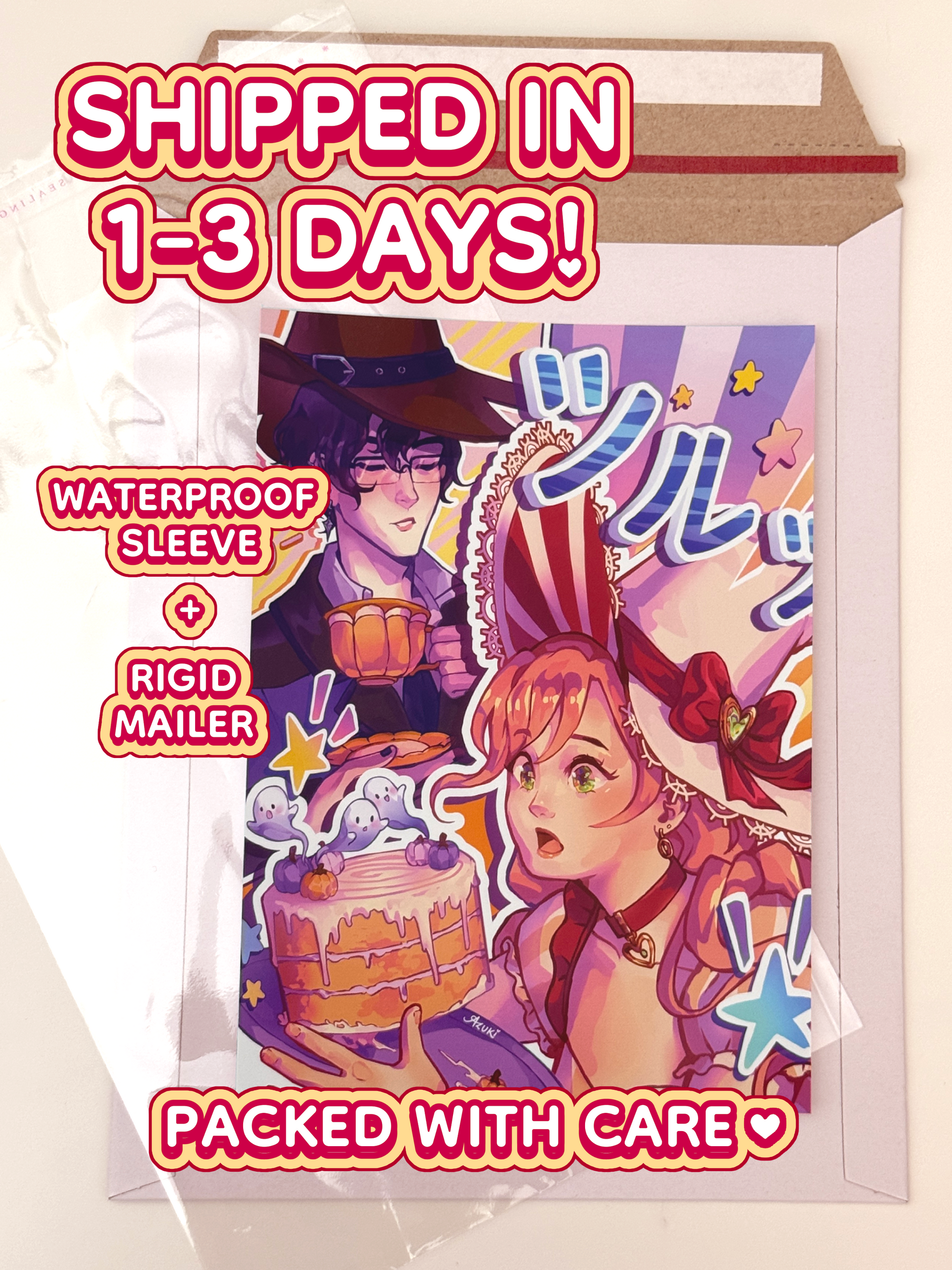 The Lili and Caelum print ships in 1 to 3 days in a waterproof sleeve and rigid mailer.