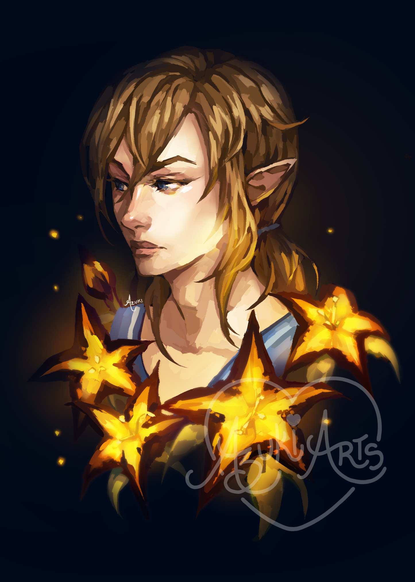 Art print of Link from The Legend of Zelda in profile, with blond hair and pointed Hylian ears, lit by glowing golden Sundelion flowers against a dark background.