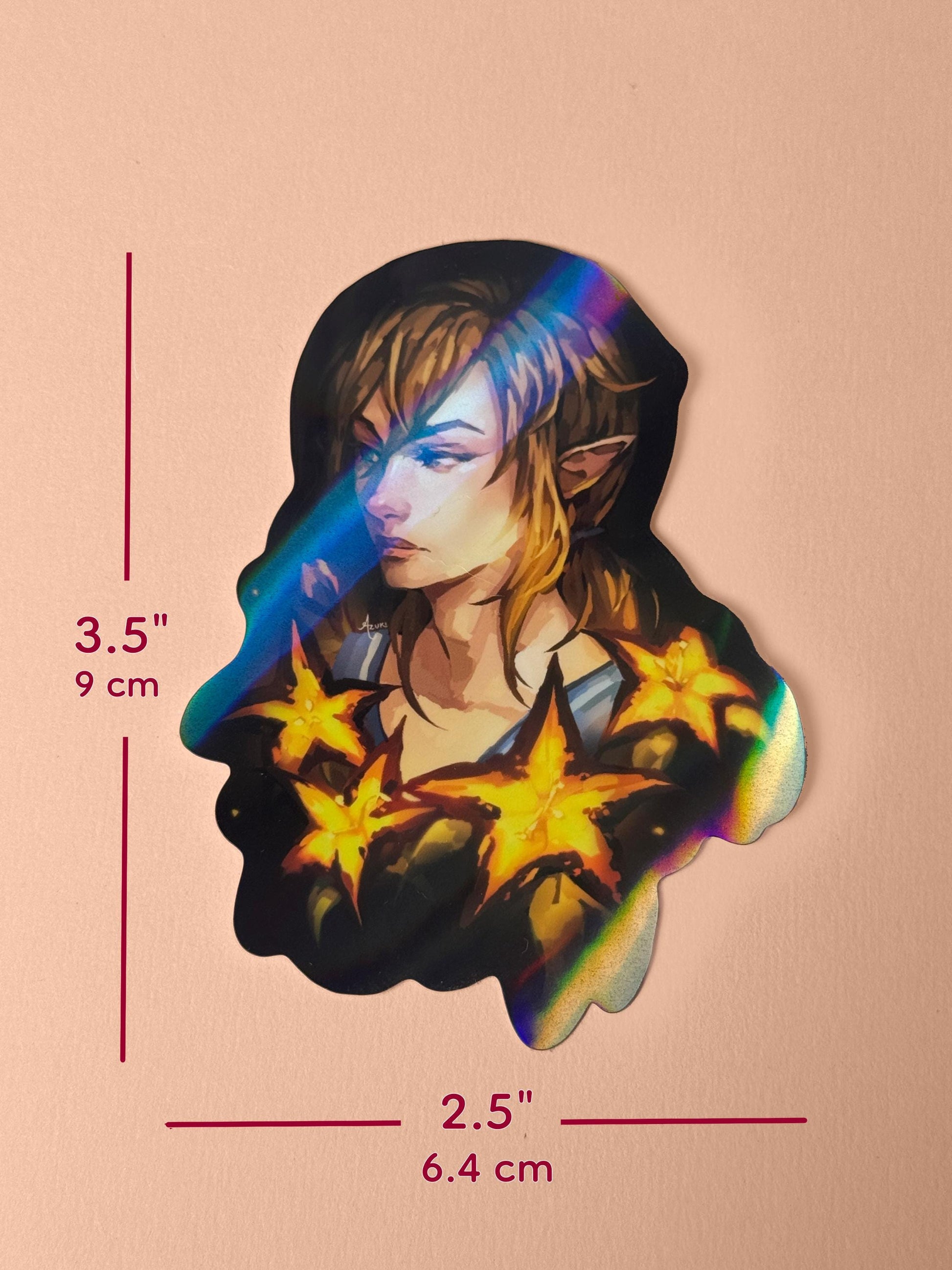 The holographic Link sticker is 3.5 inches tall and 2.5 inches wide.