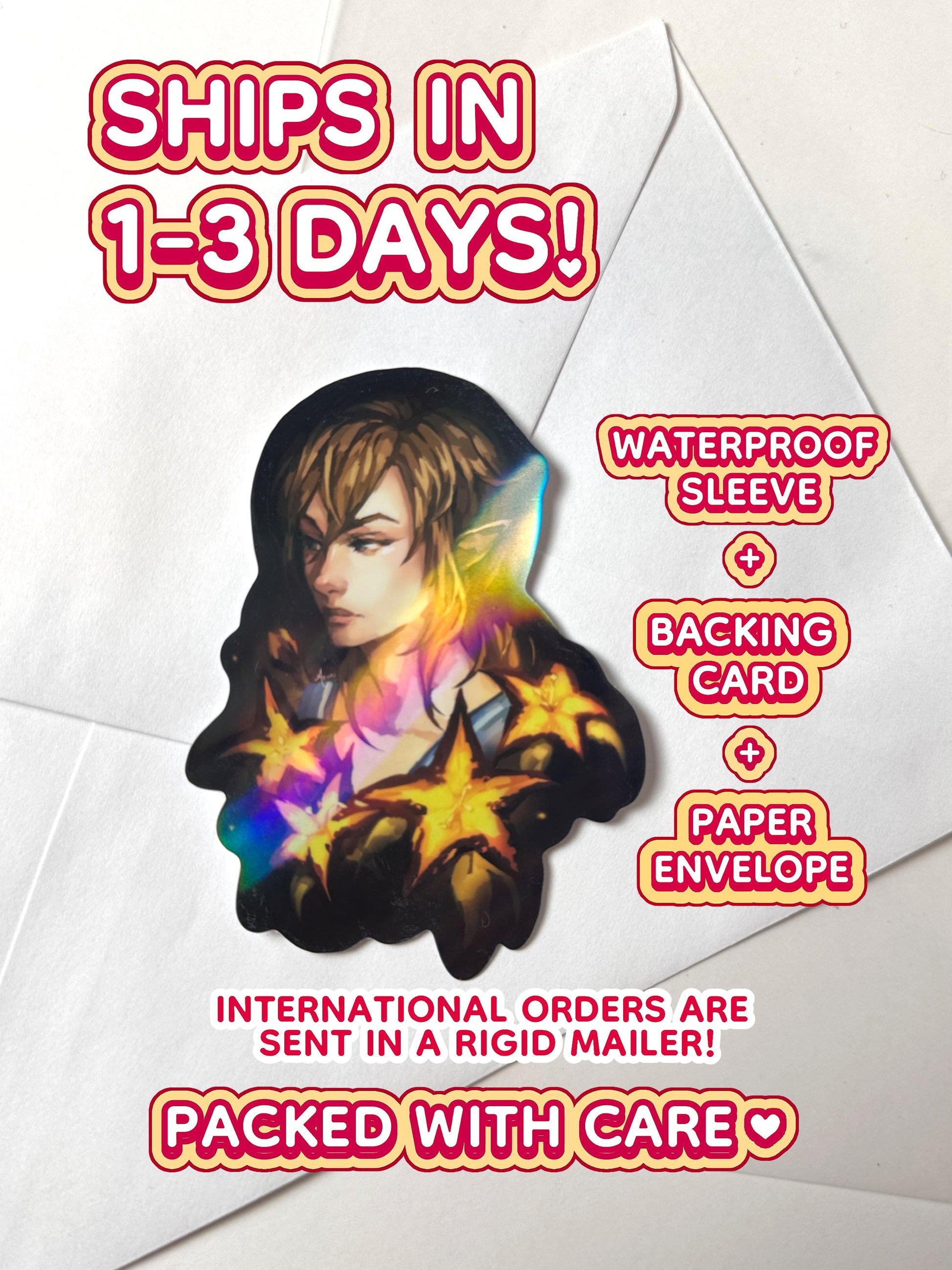 The holographic Link sticker ships in 1 to 3 days in a waterproof sleeve, backing card, and paper envelope.