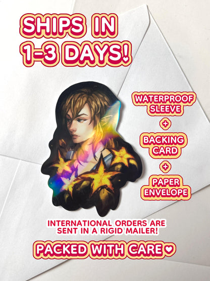 The holographic Link sticker ships in 1 to 3 days in a waterproof sleeve, backing card, and paper envelope.