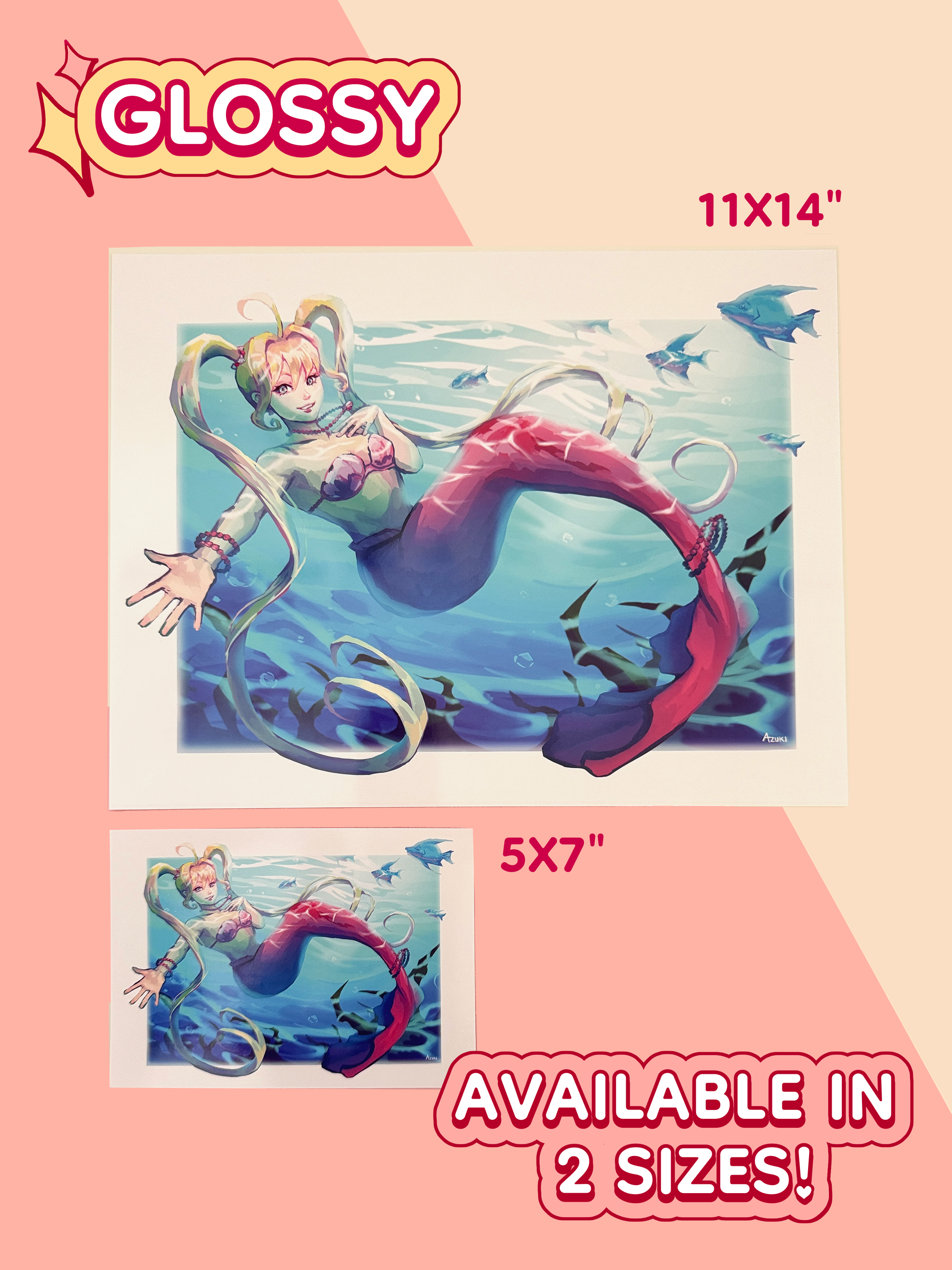 The Lucia Nanami print measures 11 inches by 14 inches, and 5 inches by 7 inches. The print is on glossy paper.