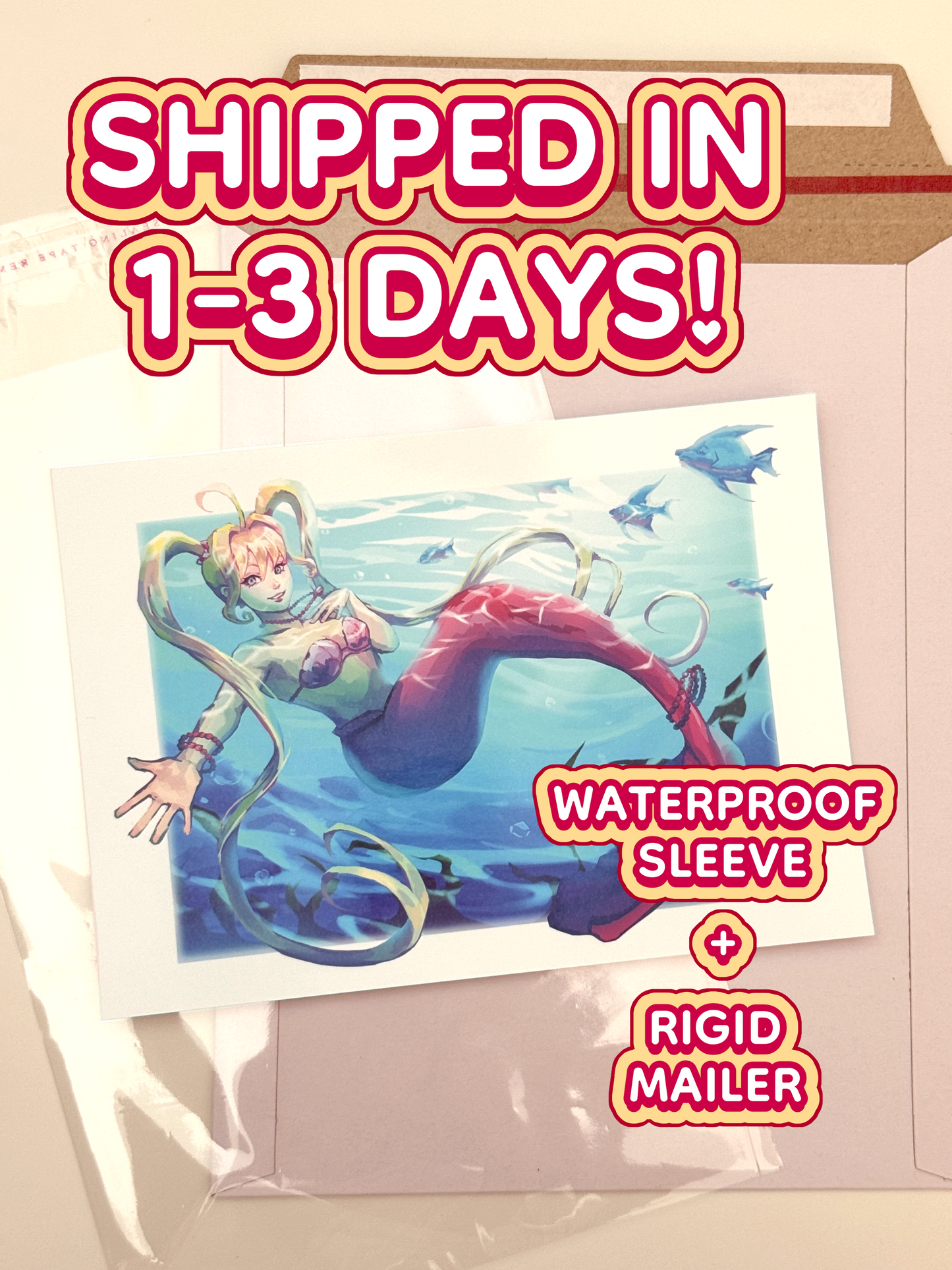 The Lucia Nanami print ships in 1 to 3 days in a waterproof sleeve and rigid mailer.