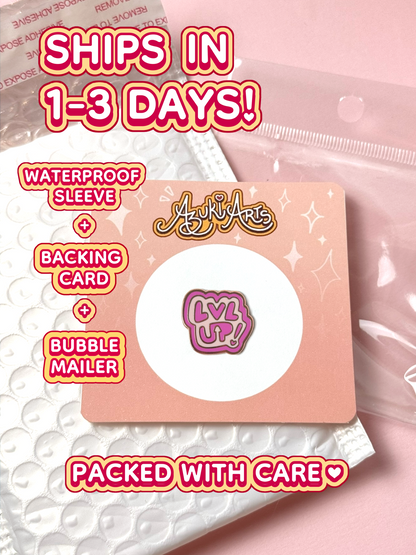 The LVL UP pin ships in 1 to 3 days in a waterproof sleeve, backing card, and bubble mailer