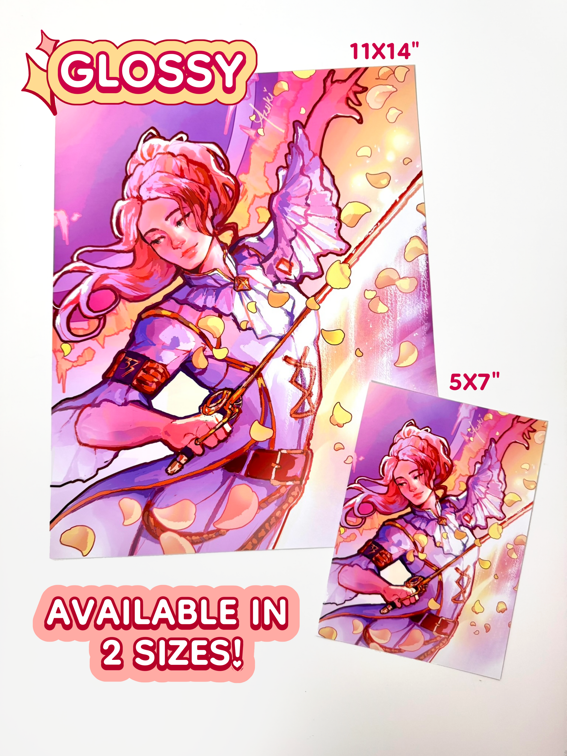 The Maelle print is available in 11 inches by 14 inches, and 5 inches by 7 inches. The print is on glossy paper.