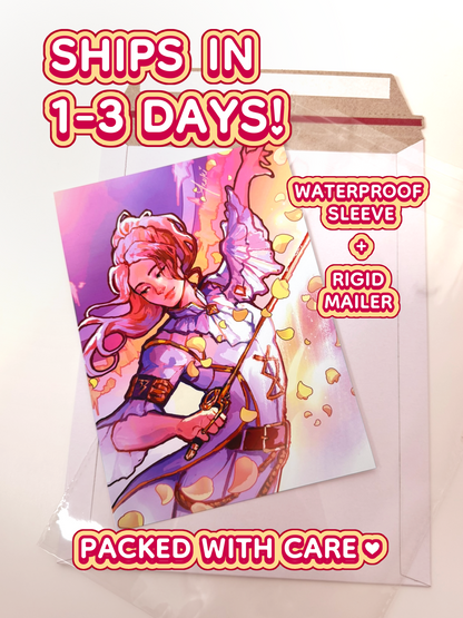 The Maelle print ships in 1 to 3 days in a waterproof sleeve and rigid mailer.