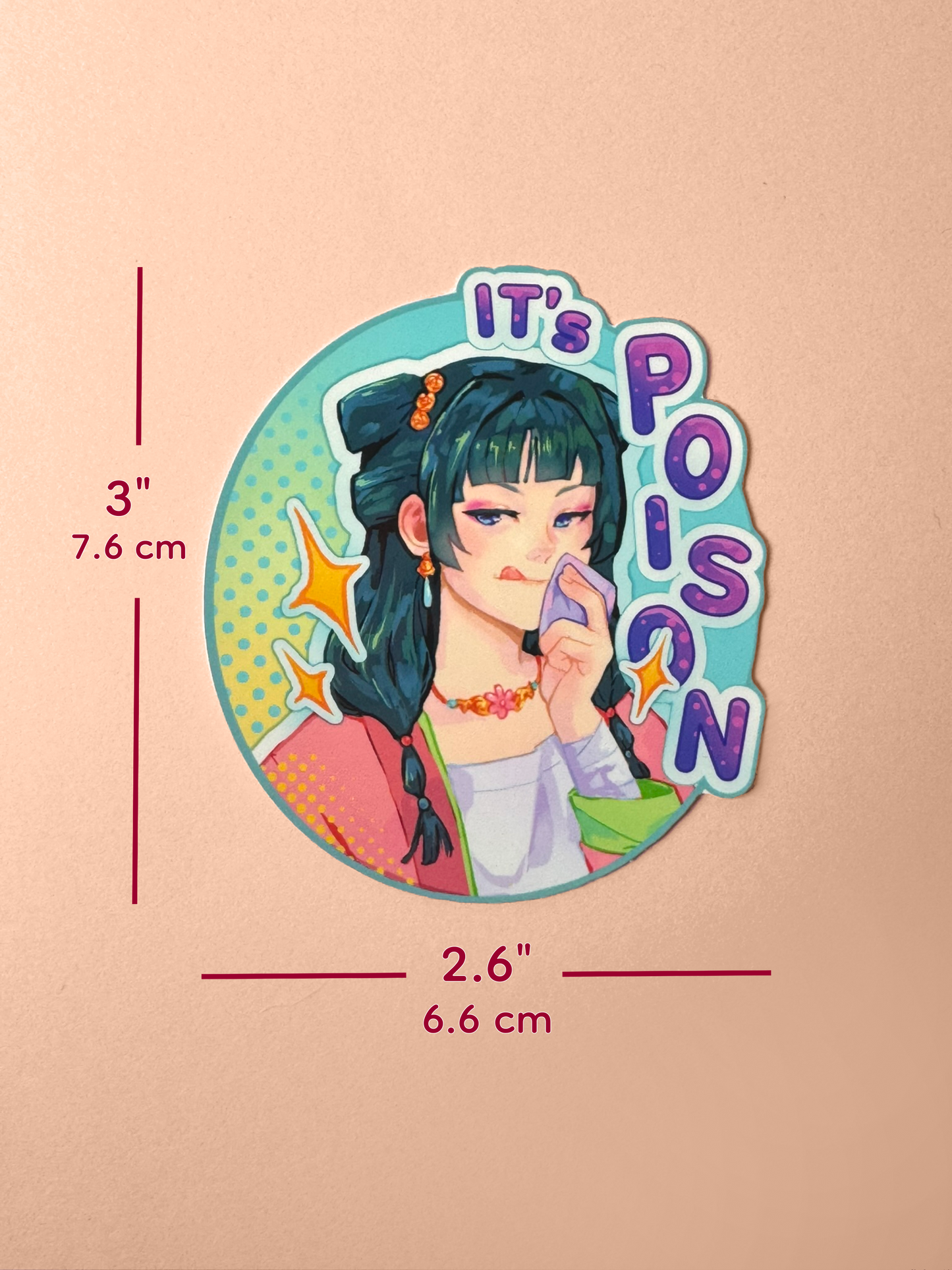 The Mao Mao sticker is 3 inches tall and 2.6 inches wide.