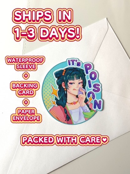 The Mao Mao sticker ships in 1 to 3 days in a waterproof sleeve, backing card, and paper envelope.