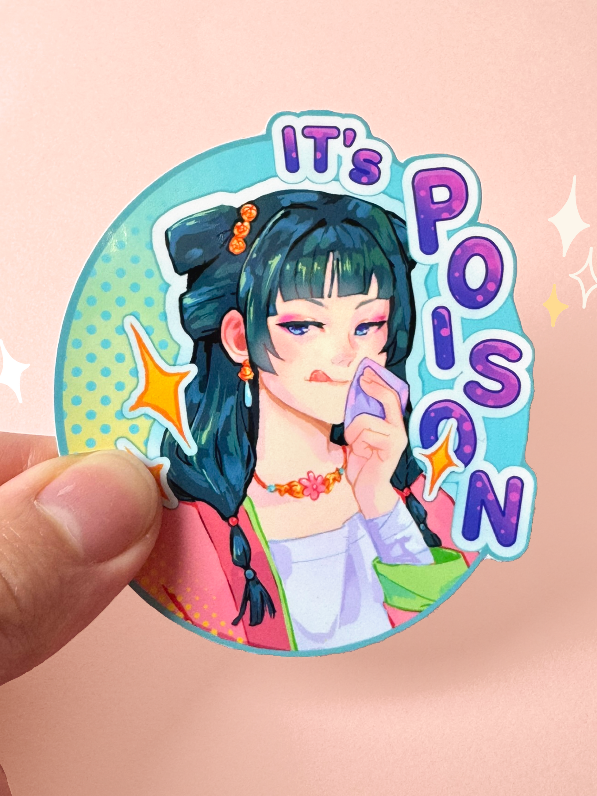 Die-cut vinyl sticker of Maomao from The Apothecary Diaries, with dark hair tied in a side braid with orange flower hairpins and a black bow, freckles across her nose, holding a folded purple paper of poison with a delighted expression, surrounded by "It's POISON" purple text on a halftone teal background, held between fingers against a peach background.