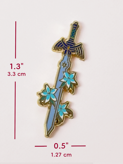The master sword pin measures 1.3 inches tall and 0.5 inches wide.