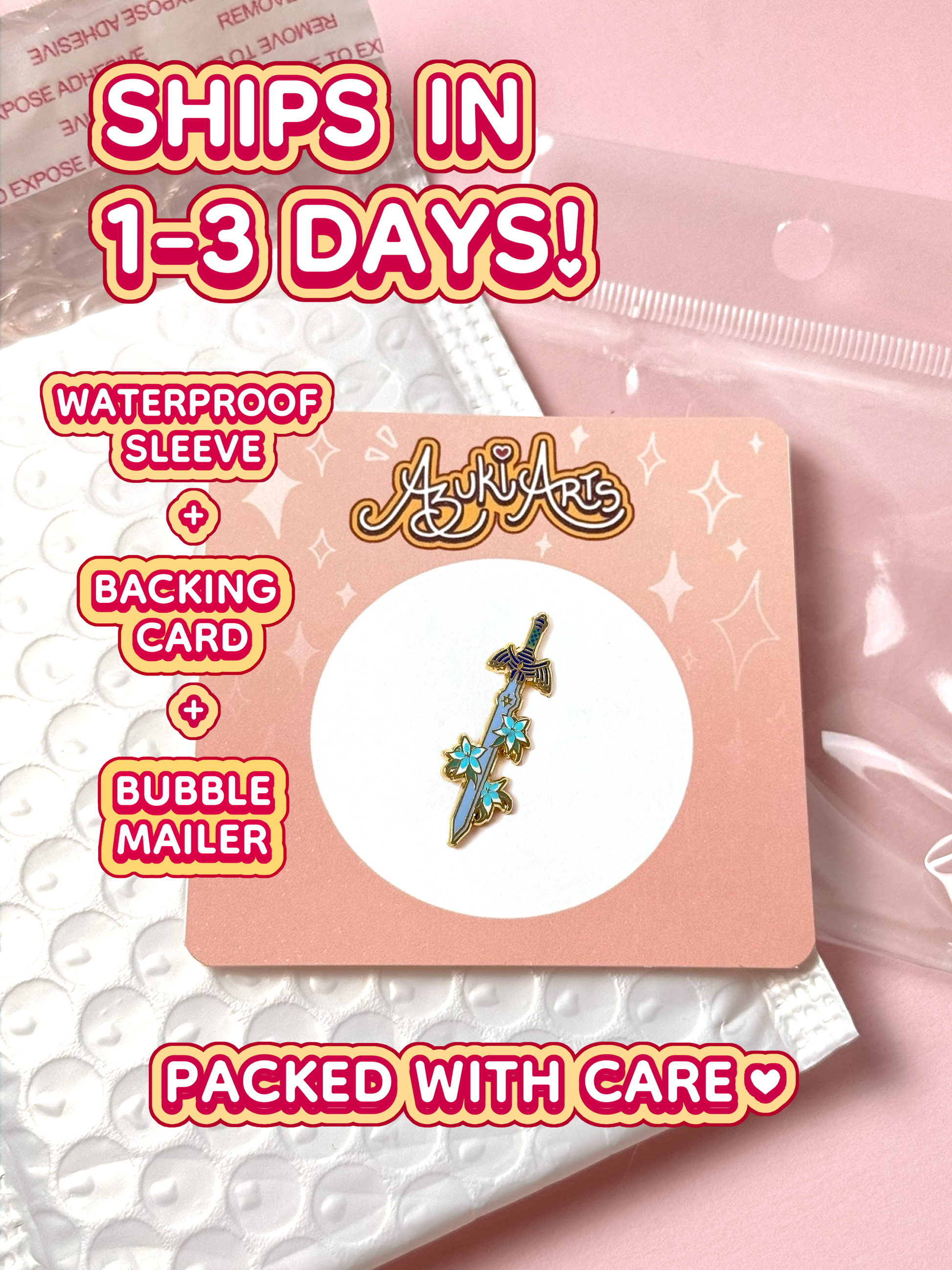 The master sword pin ships in 1 to 3 days in a waterproof sleeve, backing card, and bubble maker.