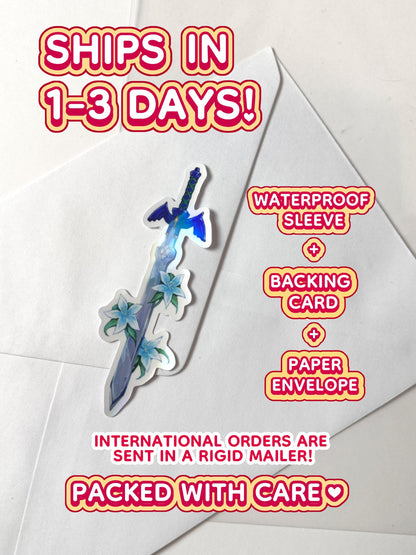 The master sword ships in 1 to 3 days in a waterproof sleeve, backing card, and paper envelope.