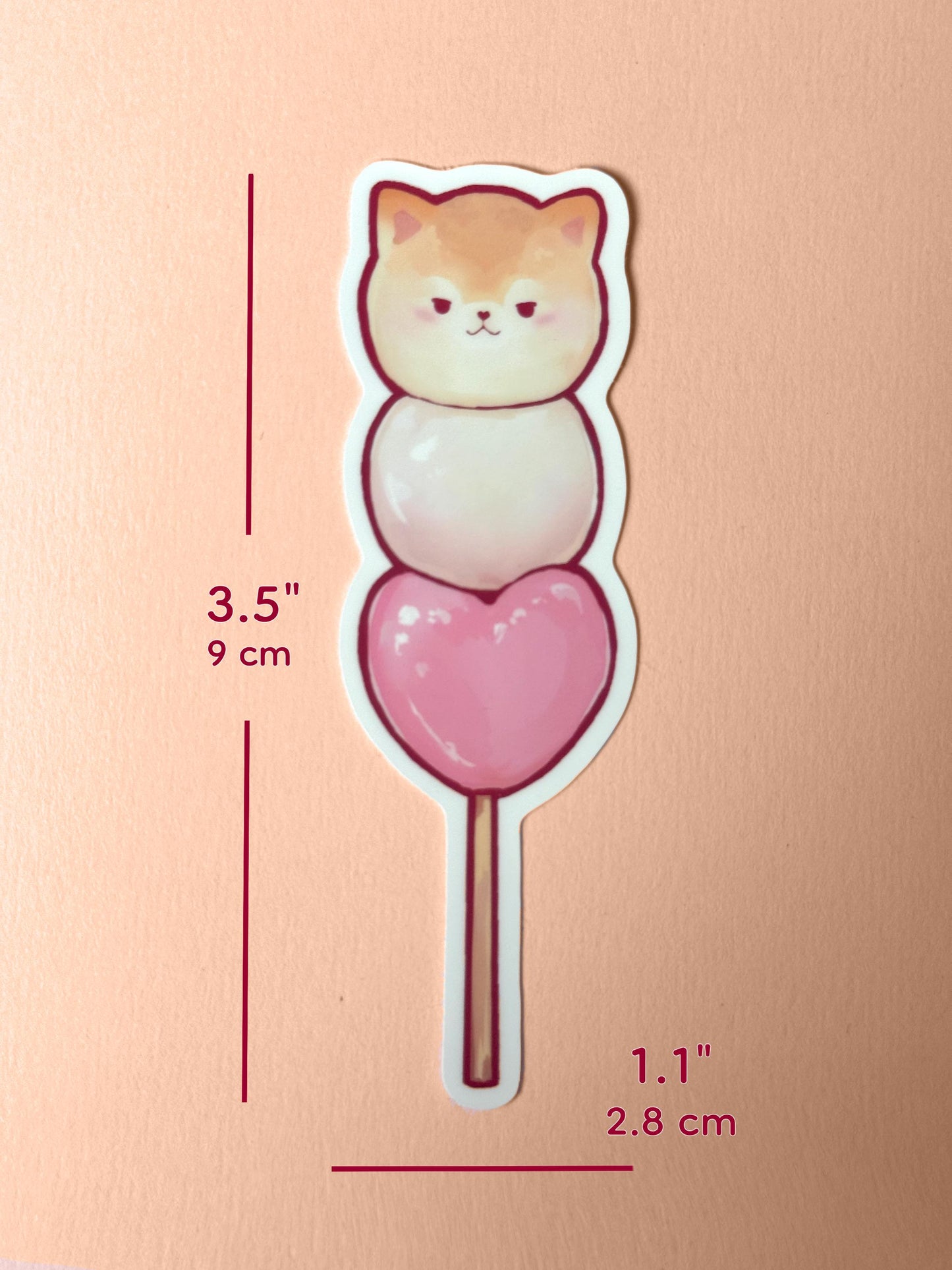 The May dango sticker measures 3.5 inches tall and 1.1 inches wide.