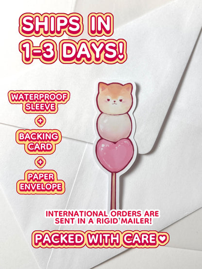 The May dango sticker ships in 1 to 3 days in a waterproof sleeve, backing card, and paper envelope.