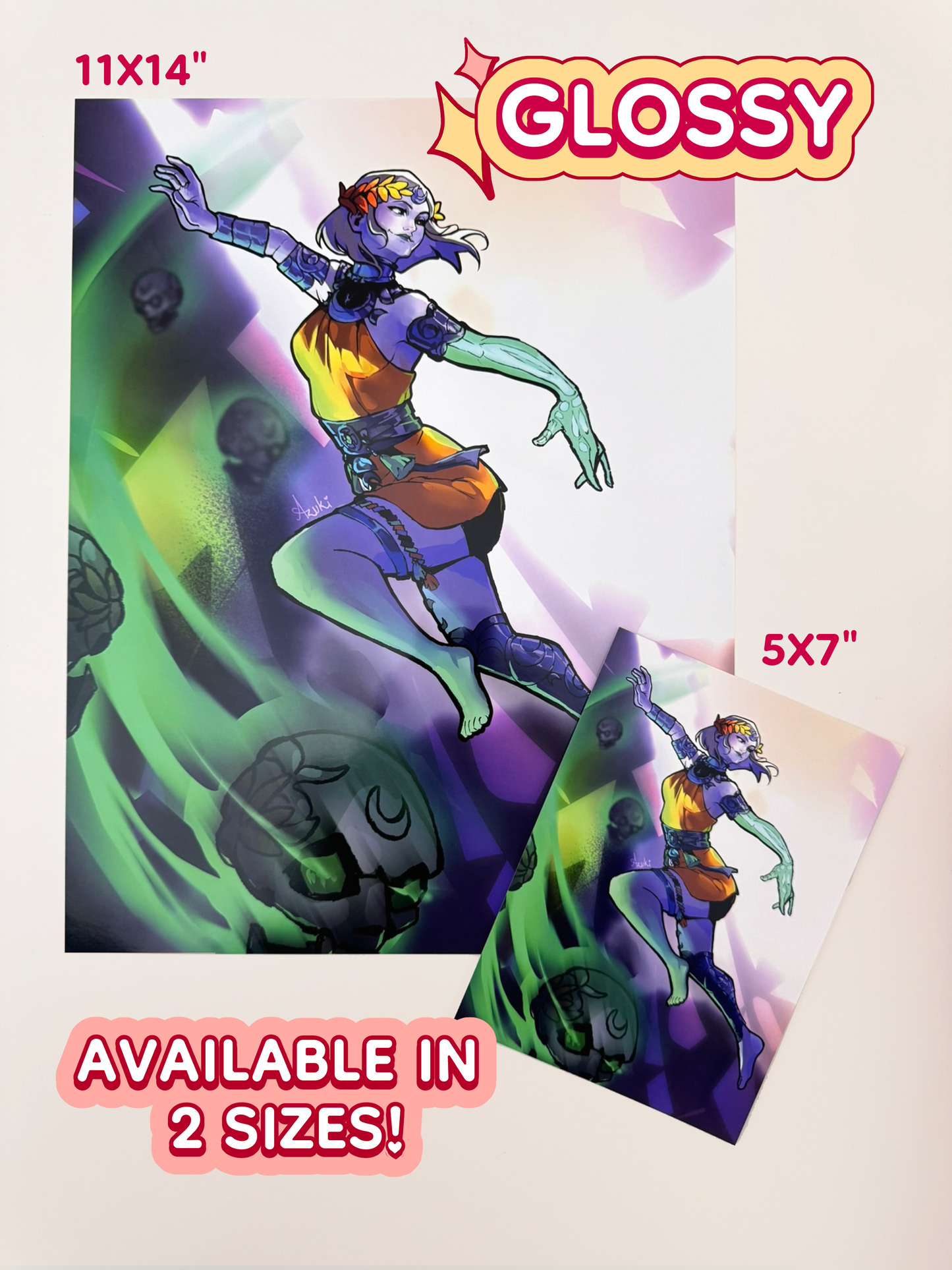 The Melinoe print is available in 11 inches and 14 inches, and 5 inches and 7 inches. The print is on glossy paper.