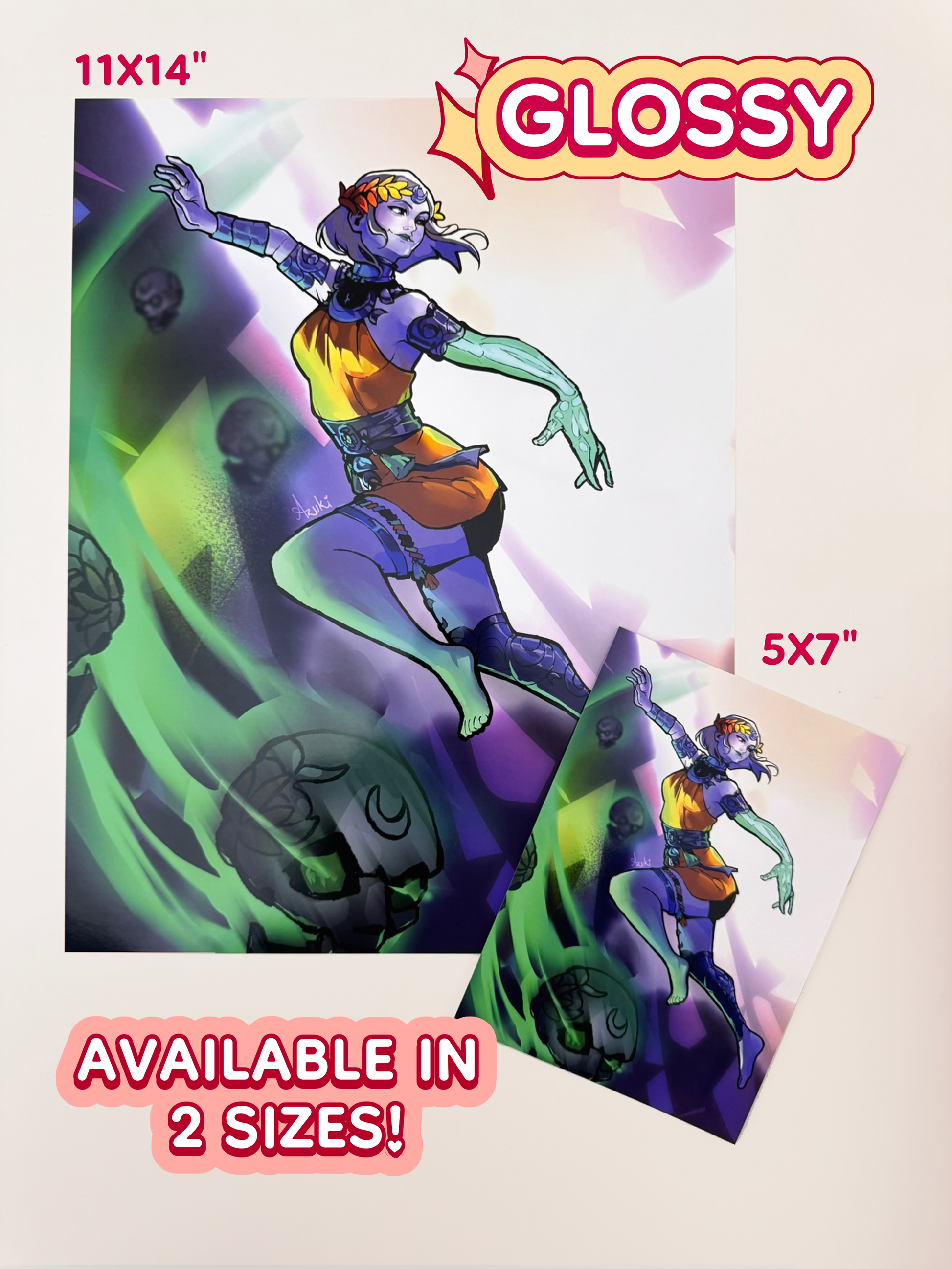The Melinoe print is available in 11 inches and 14 inches, and 5 inches and 7 inches. The print is on glossy paper.