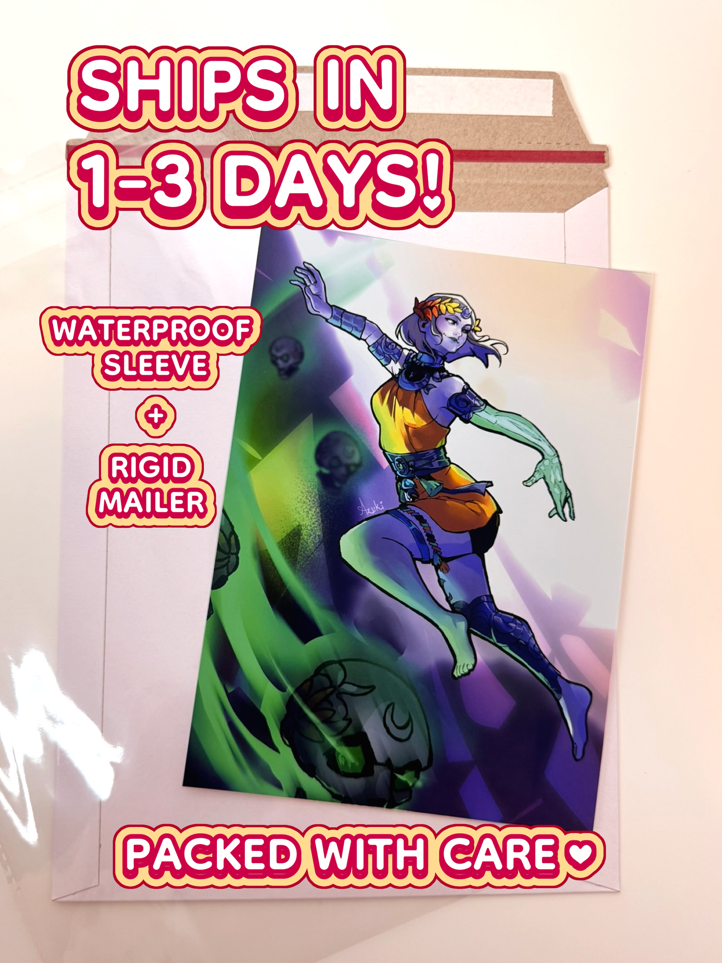 The Melinoe print ships in 1 to 3 days in a waterproof sleeve and rigid mailer.