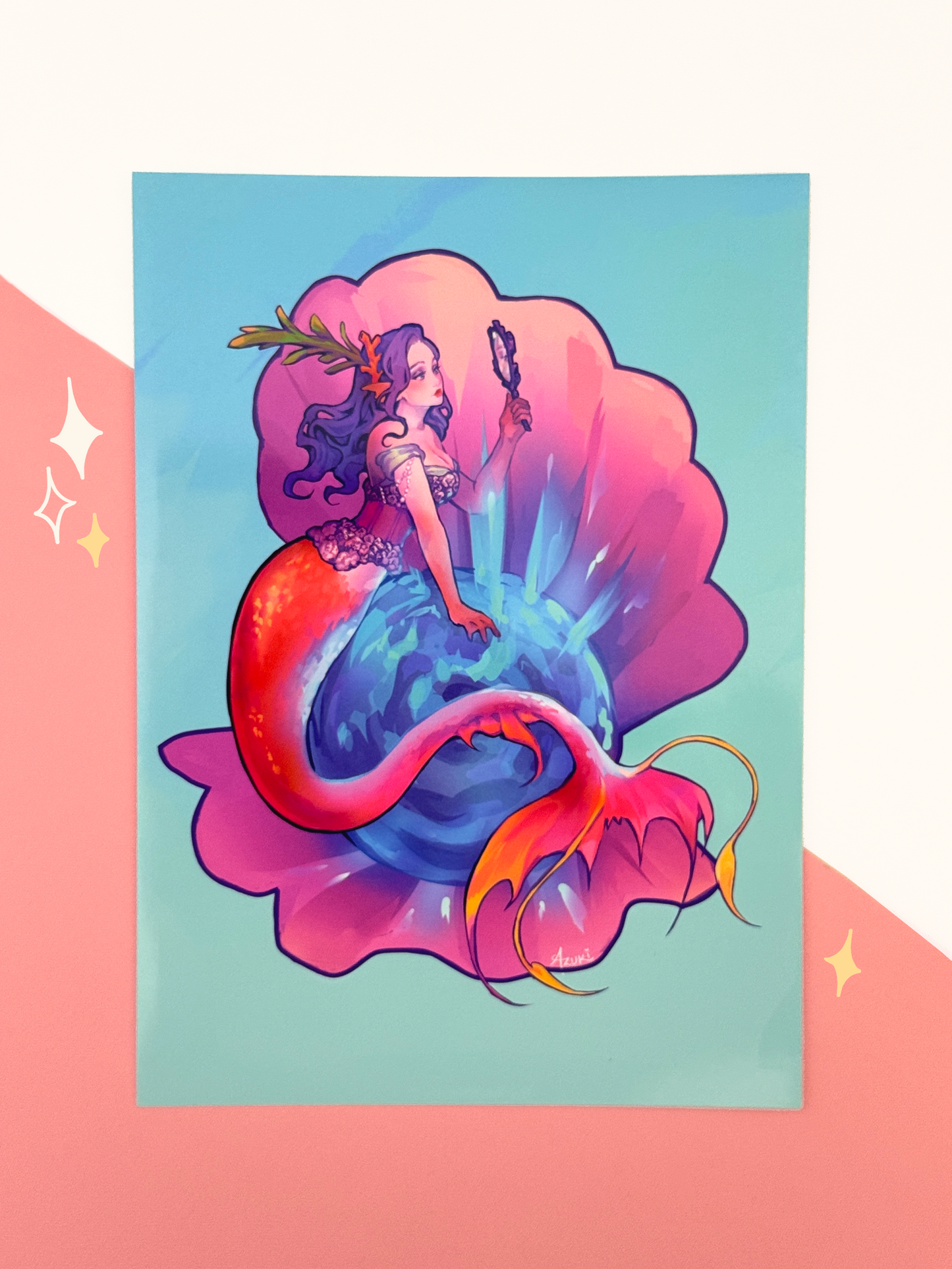 The mirror mermaid print is displayed on paper.