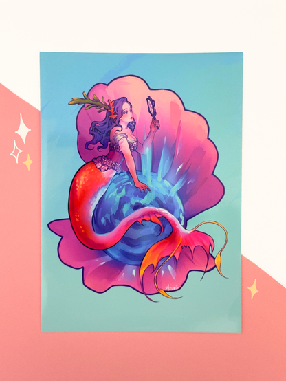 The mirror mermaid print is displayed on paper.