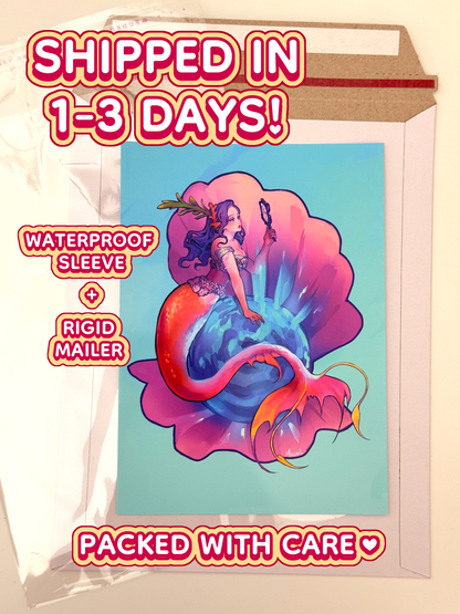 The mirror mermaid print ships in 1 to 3 days in a waterproof sleeve and rigid mailer.
