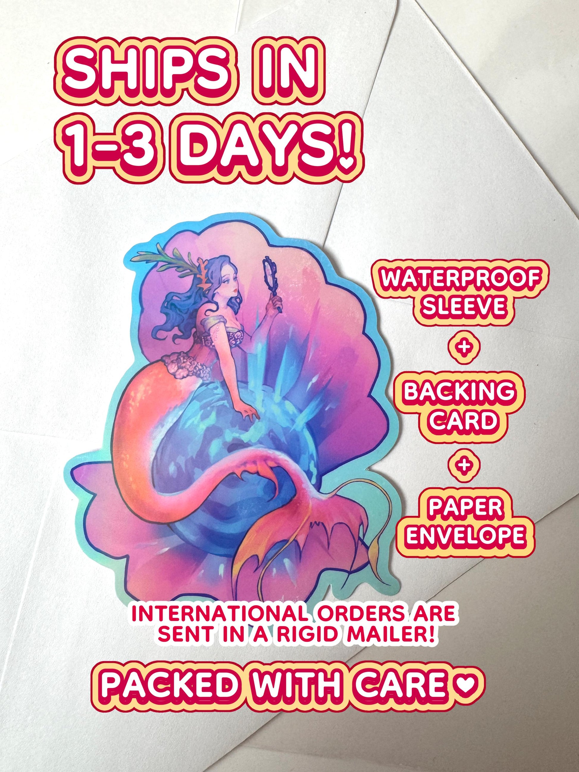The mirror mermaid ships in 1 to 3 days in a waterproof sleeve, backing card, and paper envelope.