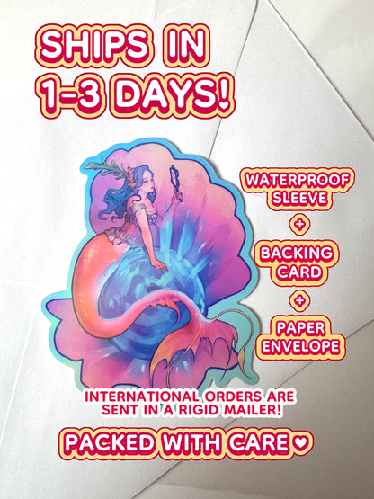 The mirror mermaid ships in 1 to 3 days in a waterproof sleeve, backing card, and paper envelope.