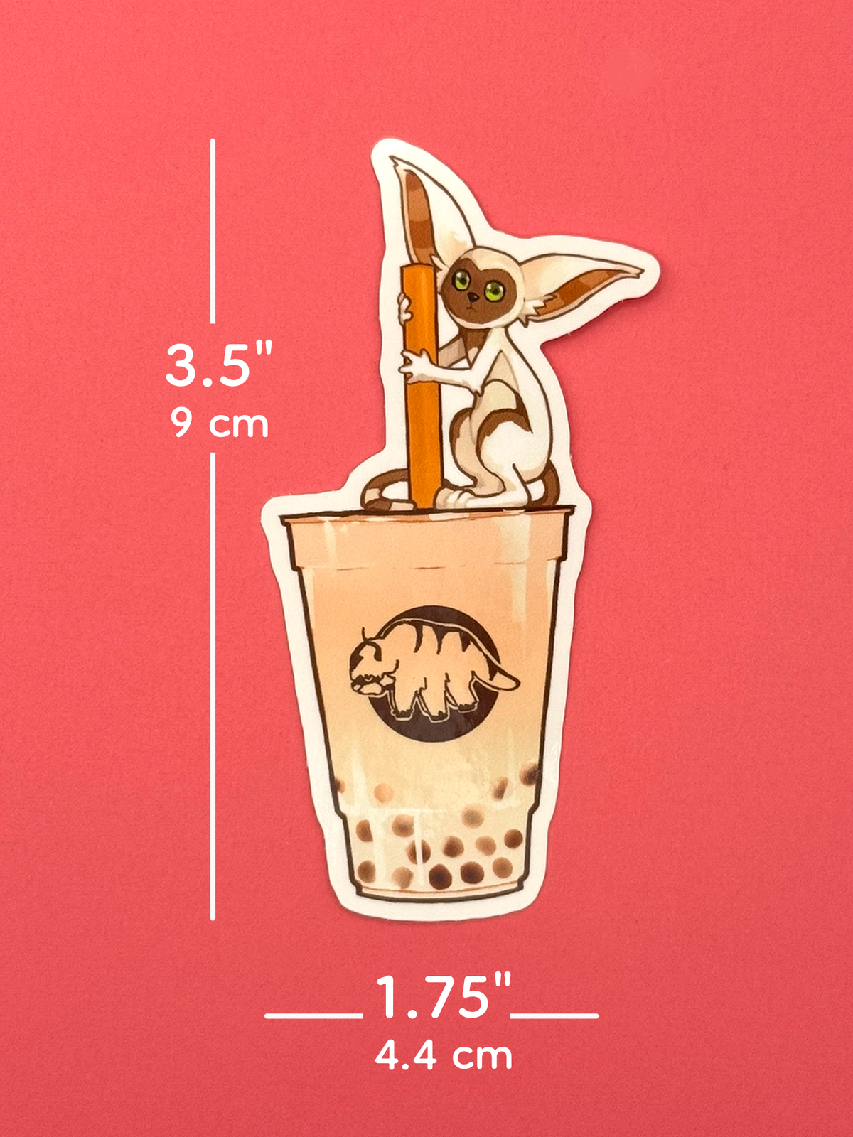 The Momo boba sticker measures 3.5 inches tall and 1.75 inches wide.