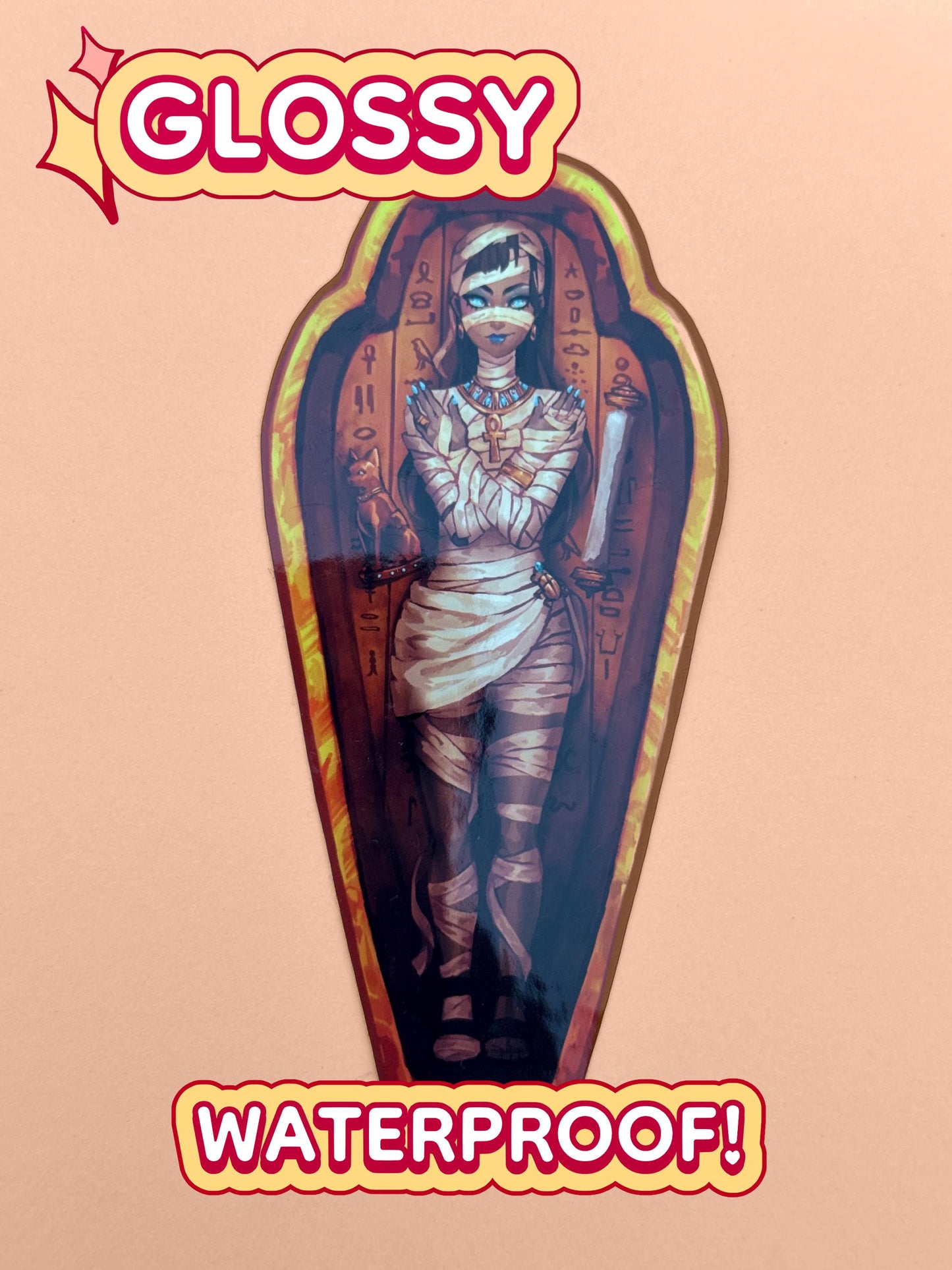 The mummy coffin girl sticker is glossy and waterproof.