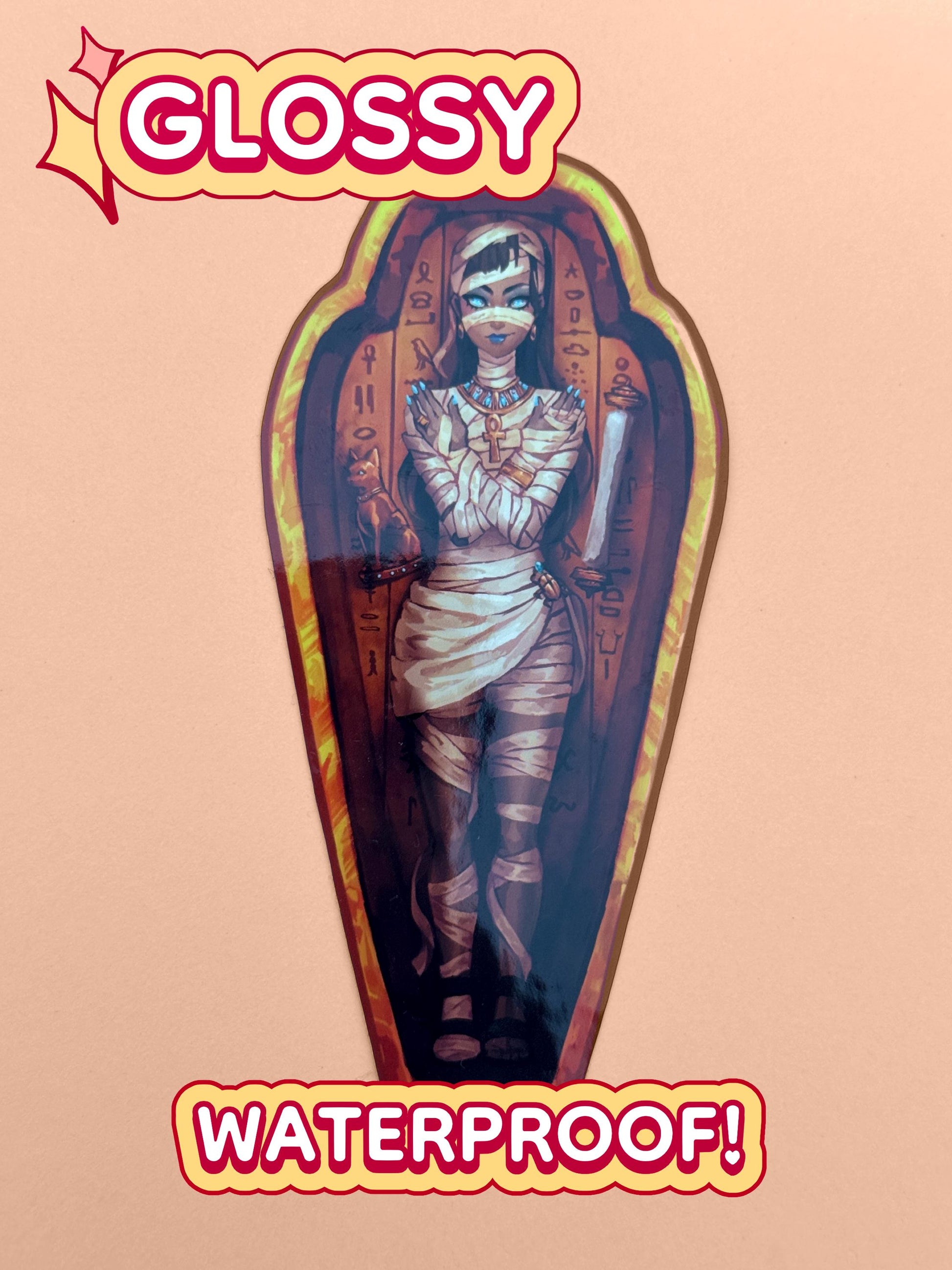 The mummy coffin girl sticker is glossy and waterproof.