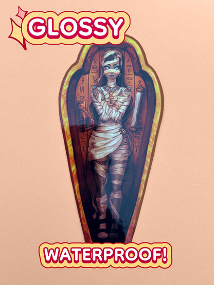 The mummy coffin girl sticker is glossy and waterproof.