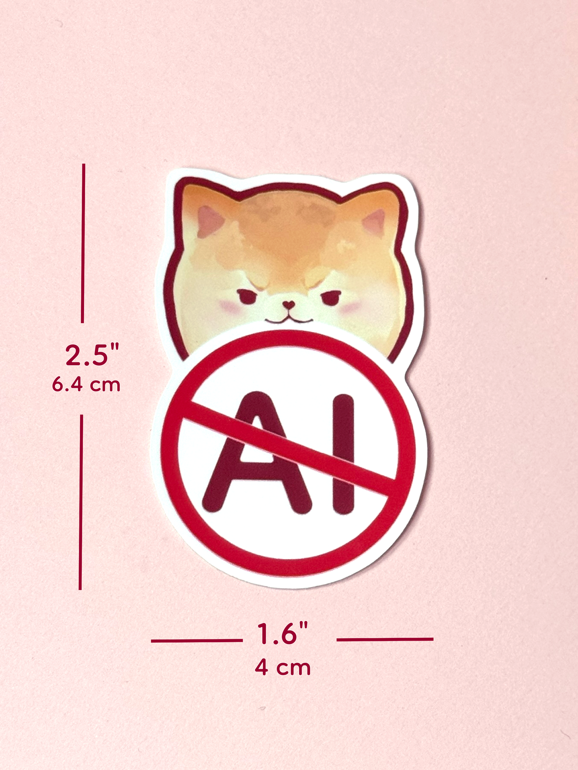 The No AI sticker measures 2.5 inches tall and 1.6 inches wide.