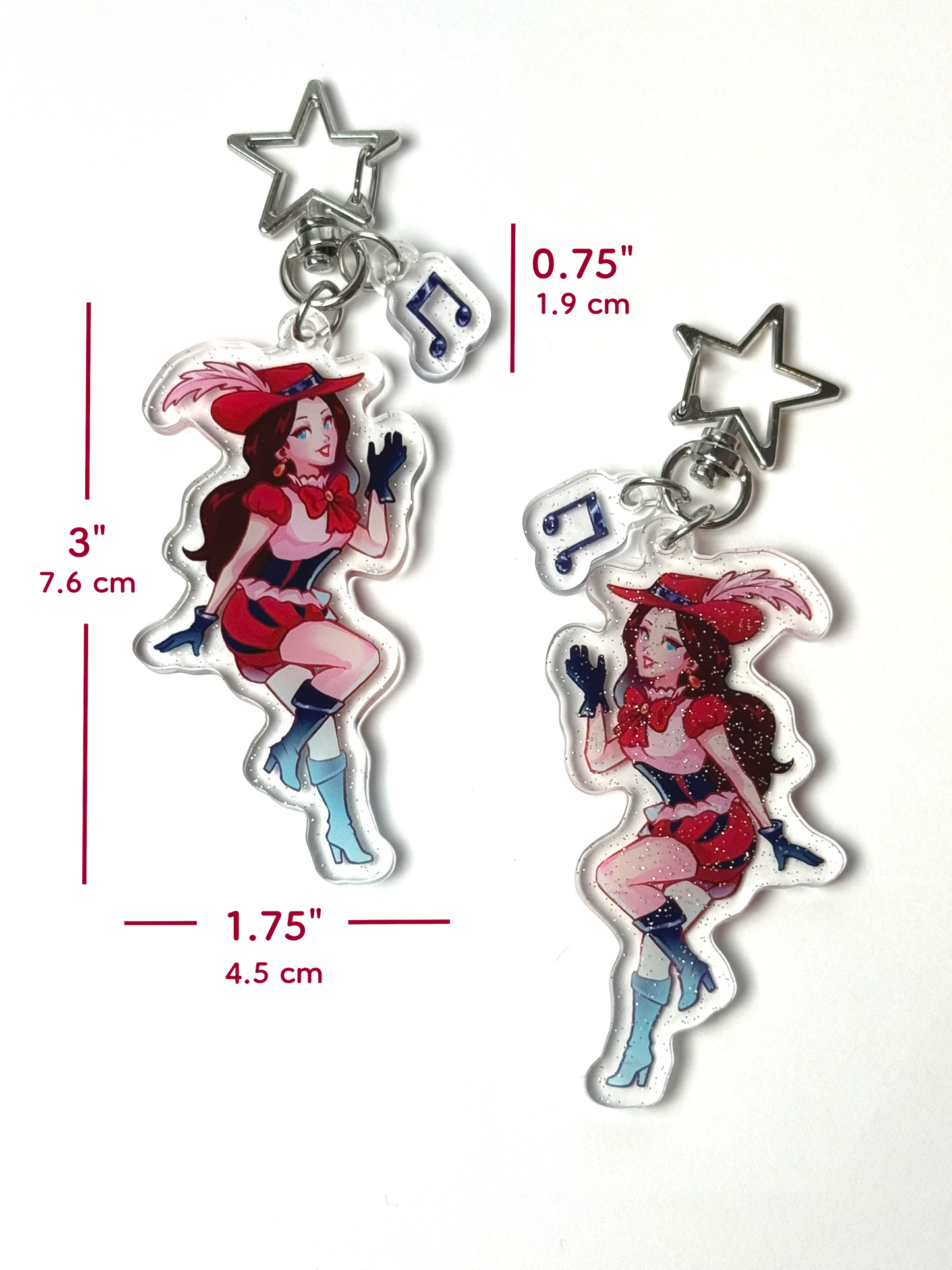 The Pauline keychain measures 3 inches tall and 1.75 inches wide. The note clasp measures 0.75 inches tall.