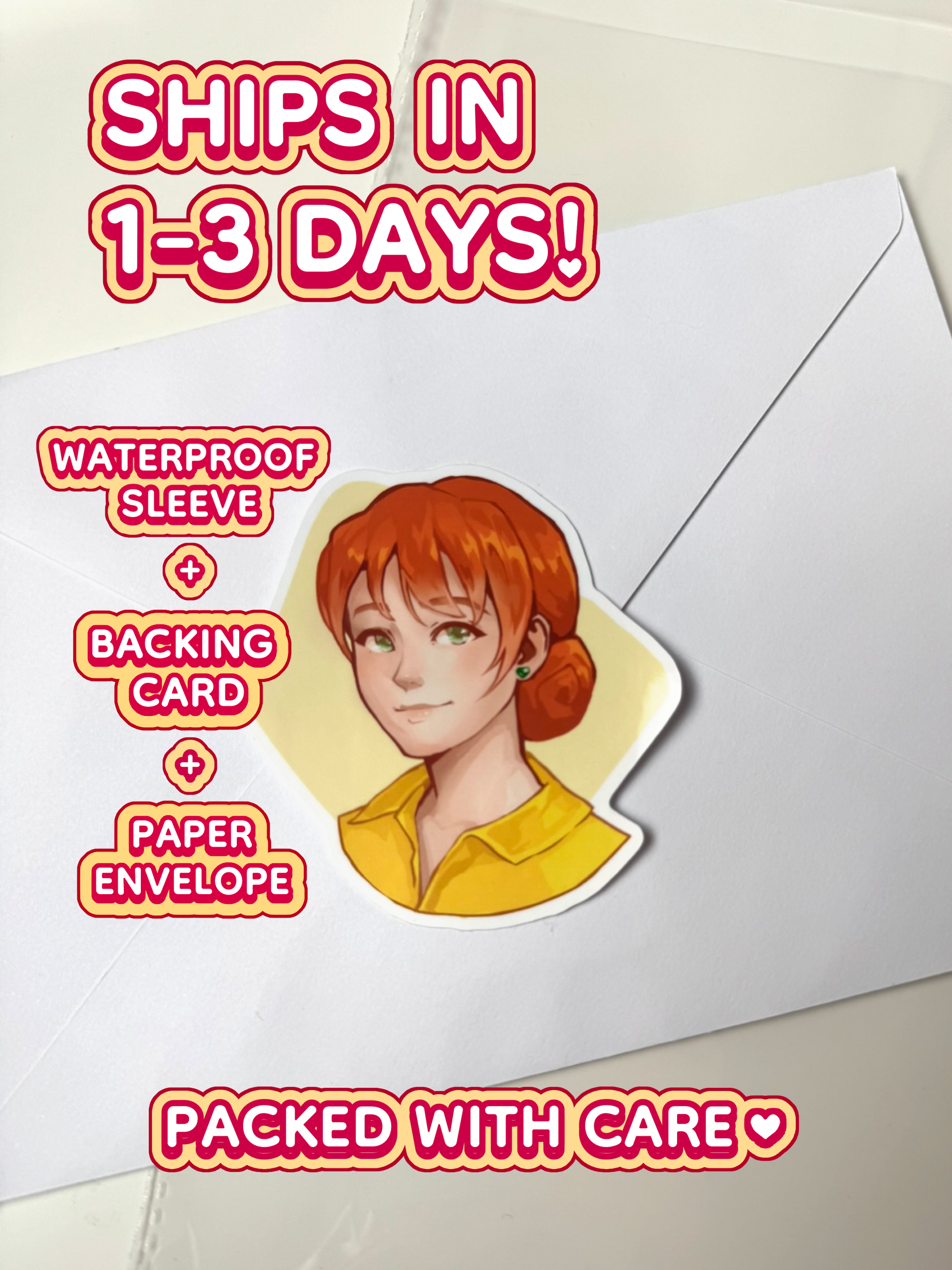 The Penny sticker ships in 1 to 3 days in a waterproof sleeve, backing card, and paper envelope.