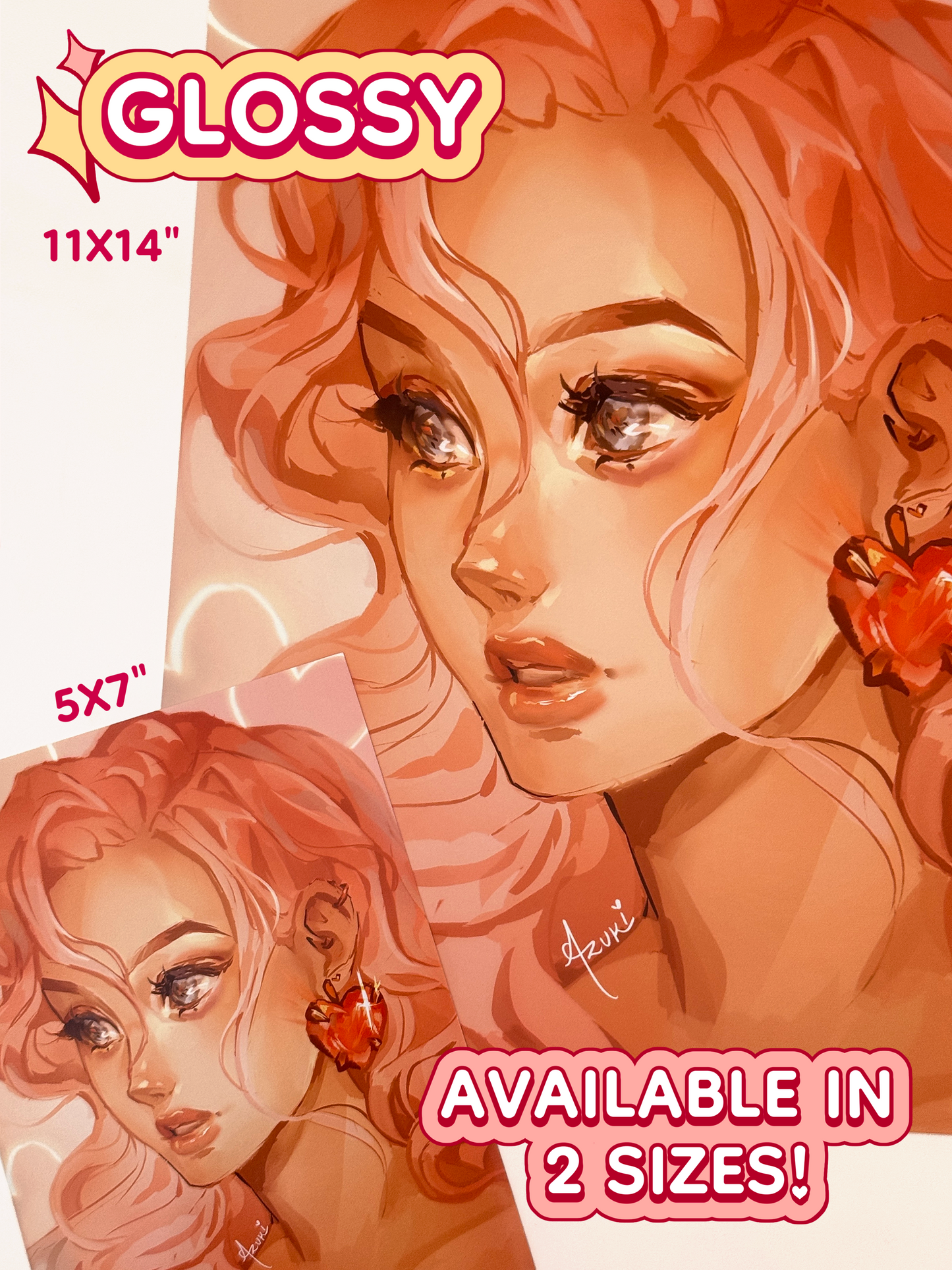 The pink hair girl print measures 11 inches by 14 inches, and 5 inches by 7 inches. This print is on glossy paper.