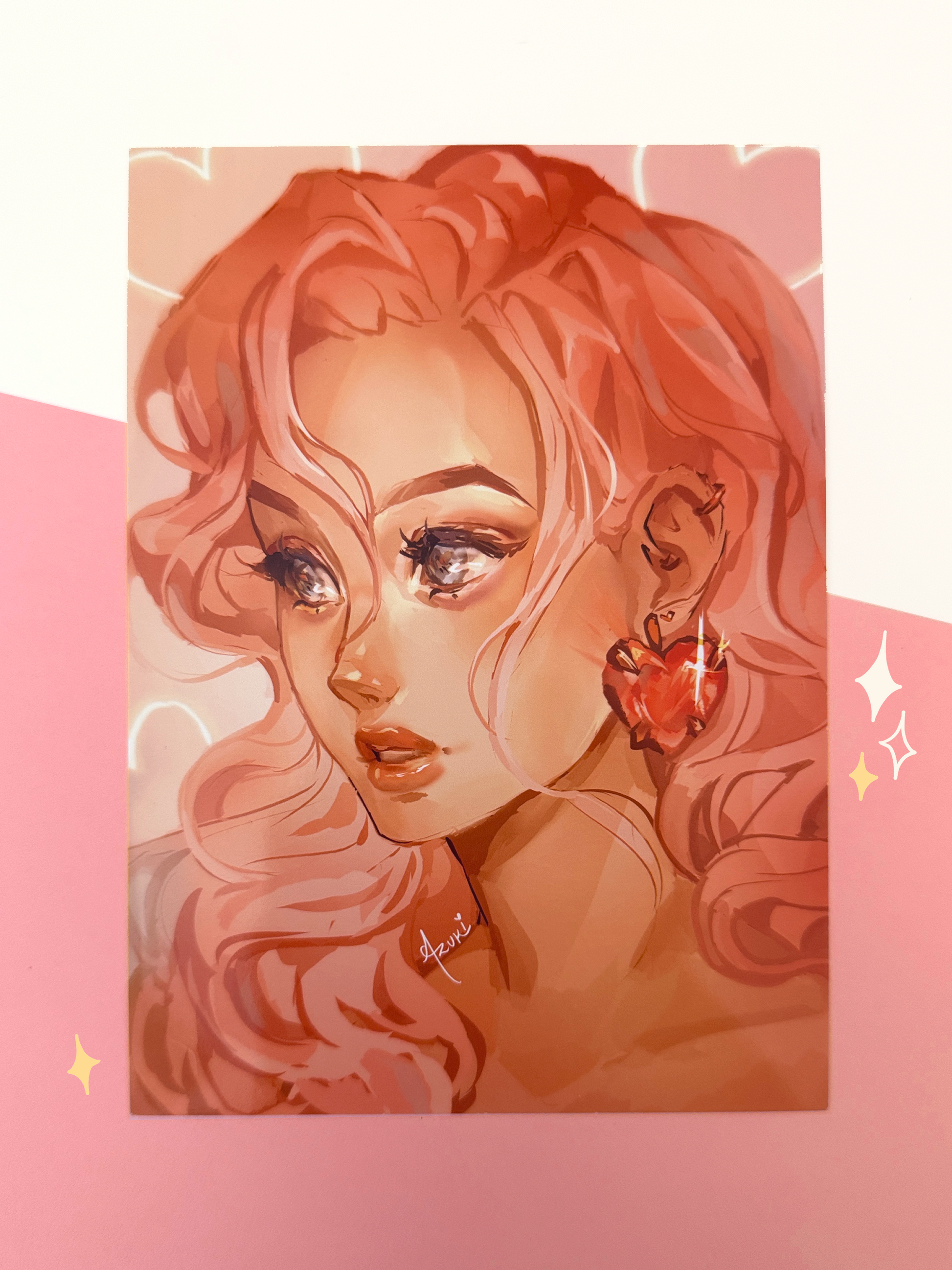 The pink hair girl print is displayed on paper.